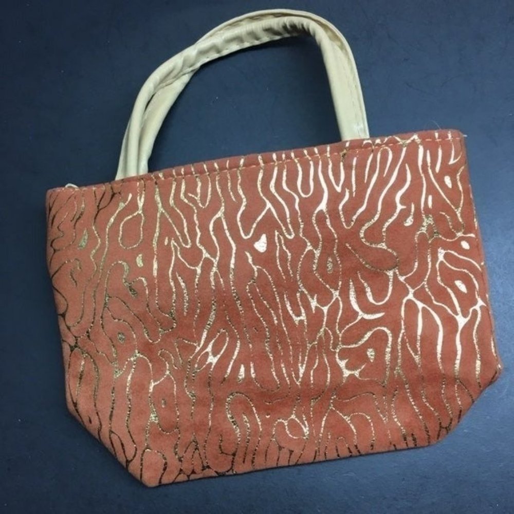 Small Tote Bag Purse Red Brown Gold Animal Print Beige Handles Zippered